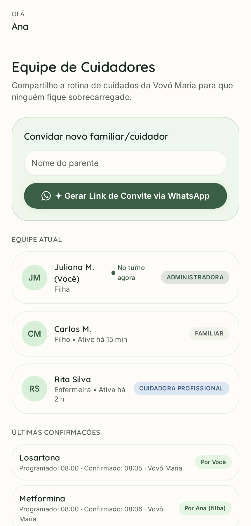 Equipe de cuidadores e últimas confirmações da família