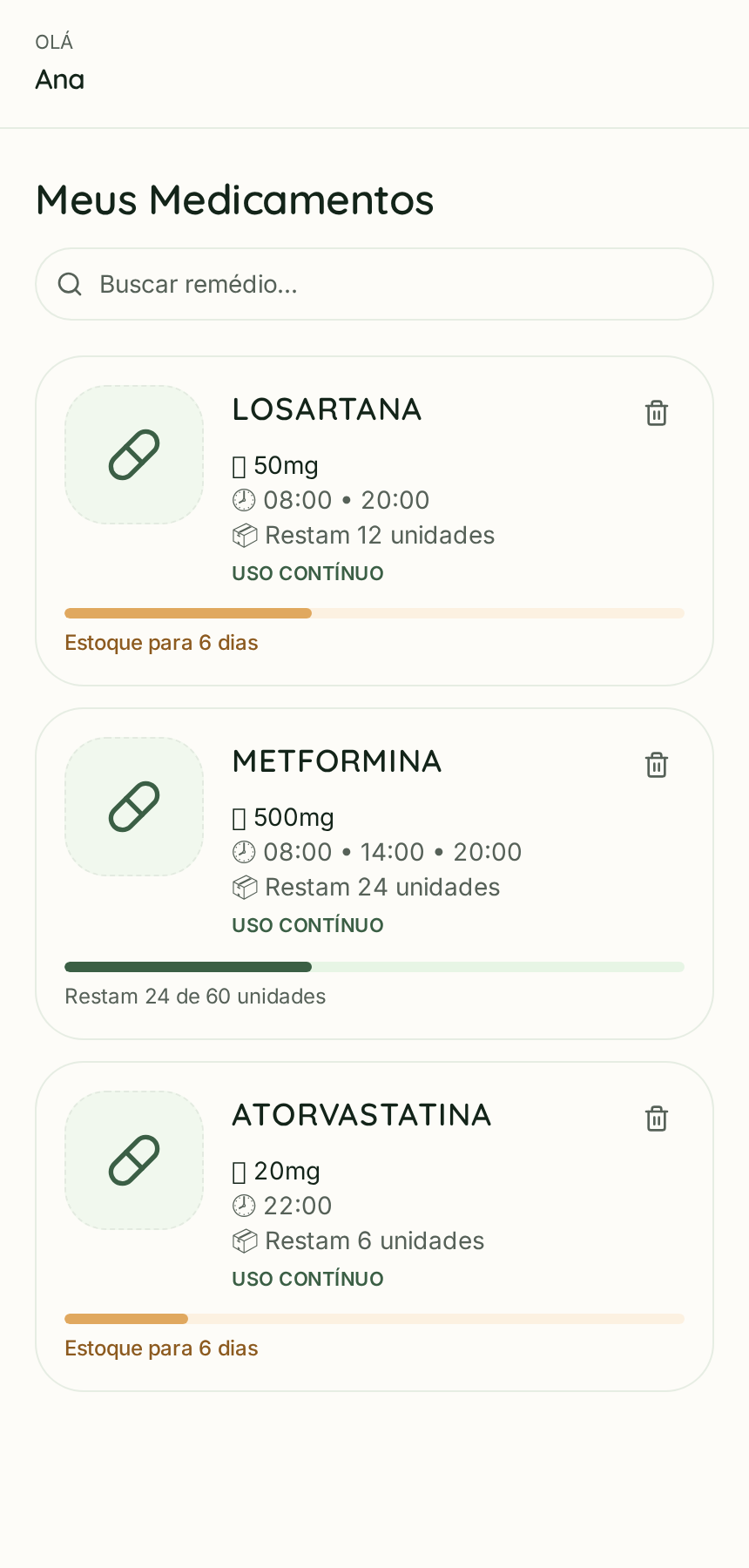 Tela de medicamentos com horários e estoque