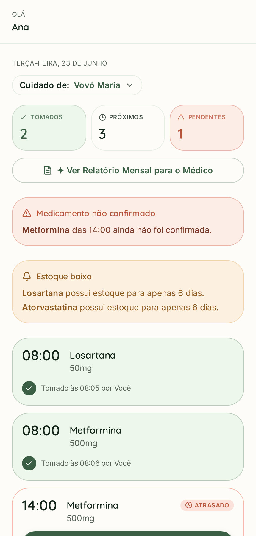 Tela inicial do CuidarJuntos com a lista de medicamentos do dia
